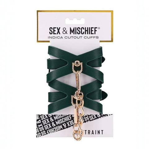 BB Store emerald green faux leather Indica Cutout Cuffs with gold chain and adjustable buckle closure.