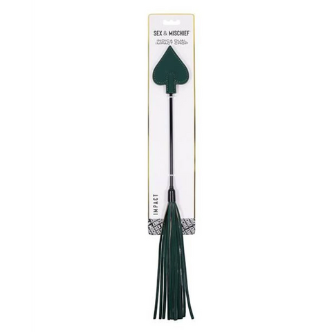 BB Store Sportsheets Indica Dual Impact Crop, emerald green with gold accents, spade tip and faux leather falls for sting and thud play.
