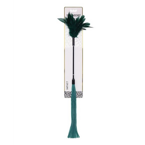 BB Store Sportsheets Sex & Mischief dual-ended tickler with dark green feathers and teal silicone strands.