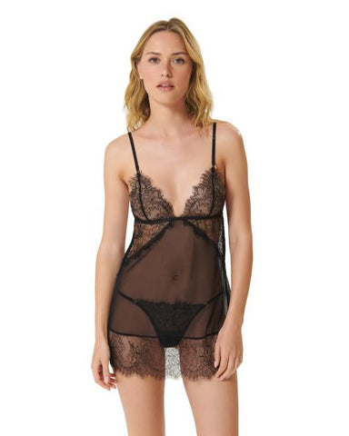 Peony Short Chemise and Thong Set - Black -