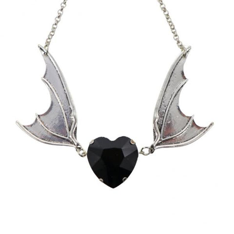 Bat Wings with Heart Stone Necklace - Black