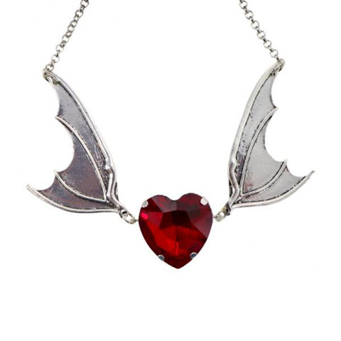 Bat Wings with Heart Stone Necklace - Red