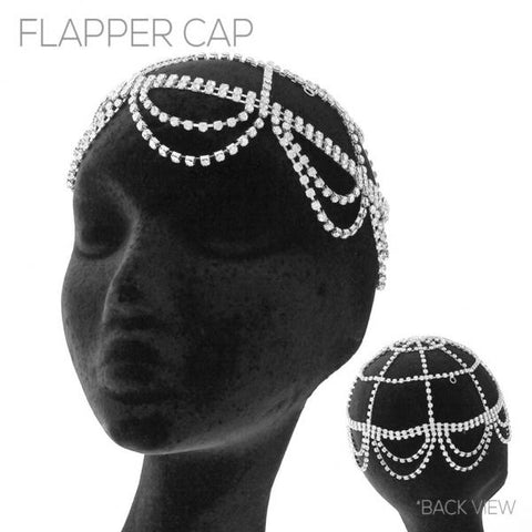Rhinestone Curtain Drop Flapper Cap - Silver