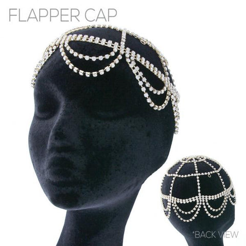 Rhinestone Curtain Drop Flapper Cap - Gold