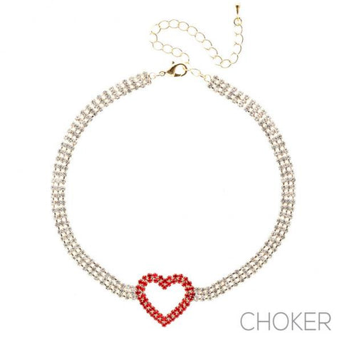Rhinestone Heart Chain Choker - Silver/Red