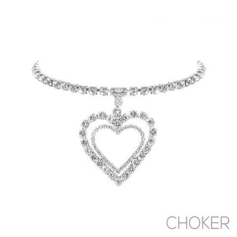 Rhinestone Double Heart Choker - Silver