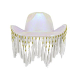 Cowboy Hat with Beaded Fringes - White Opal