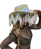 Cowboy Hat with Beaded Fringes - White Opal