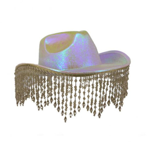 Cowboy Hat with Beaded Fringes - White