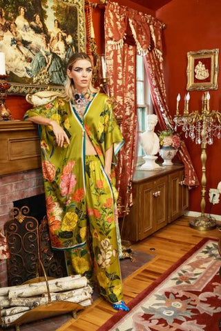 French Riviera Hand-Beaded Kimono - Olive Floral - One Size