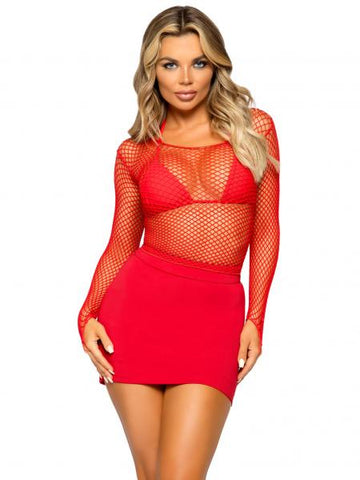 Fishnet Long Sleeve Top - Red - One Size