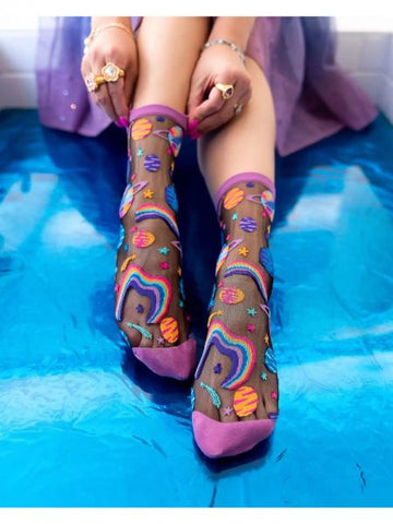Pop Art Planets Black Sheer Crew Sock - U.S. 5.5-10.5