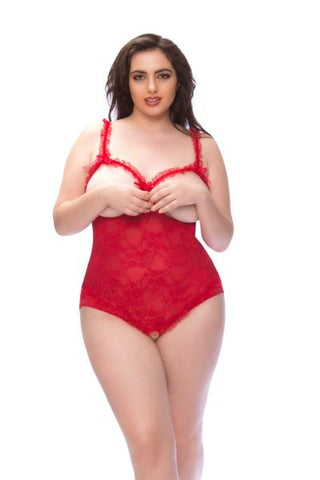 One Size Queen - Open Cup Crotchless Teddy - Red