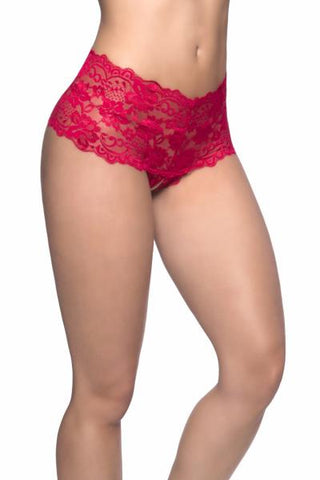 Red - Lace Crotchless Boyshort - Size