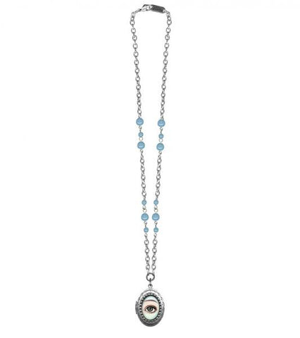 Eye Locket Necklace - Blue Opal Glass Beads