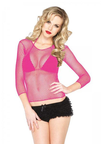 Fishnet Long Sleeve Top - Neon Pink - One Size