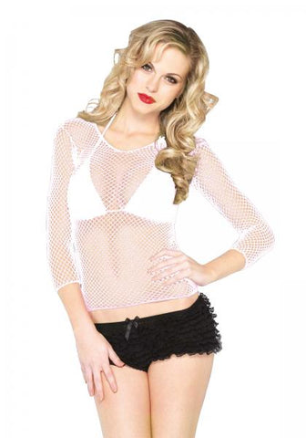 Fishnet Long Sleeve Top - White - One Size