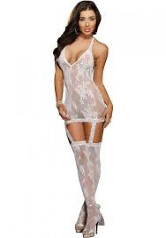 Lace Garter Dress - White - Queen One Size