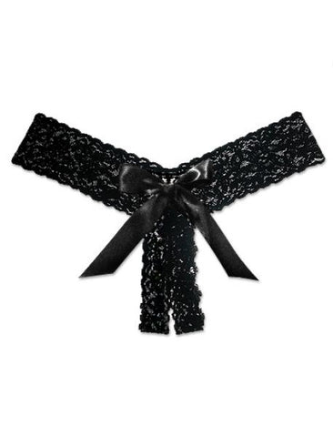 Lace Open Crotch Thong with Bow - Black - One Size