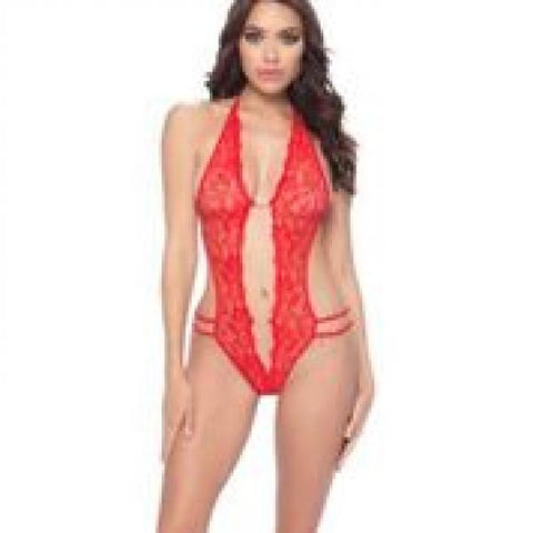 Red - Lace Crotchless Teddy with Rhinestone Detail - One Size