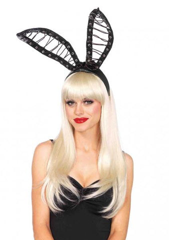 Satin Lace Up Bunny Ears - Black - One Size
