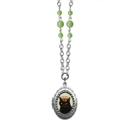 The Ruler Oval Locket Necklace - Green Opal Glass Beads