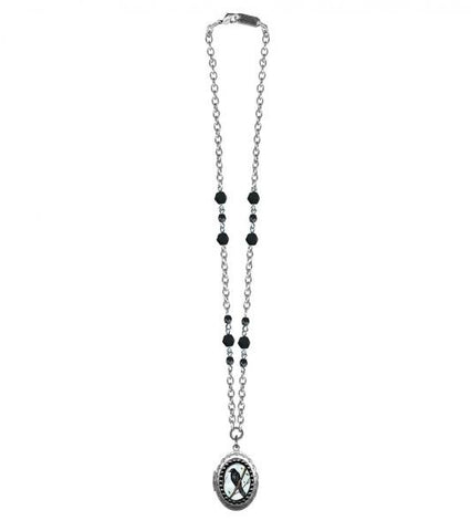 Small Crow Oval Pop Art Locket Necklace - Jet Beads