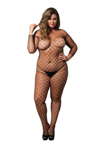 Fence Net Long Sleeve Bodystocking - Black - Queen Size