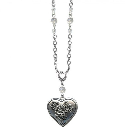 Rose Heart Emobssed Locket Necklace - Crystal Faceted Beads
