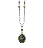 Oval Locket with Silver Rose Cluster Necklace - Brass Beads