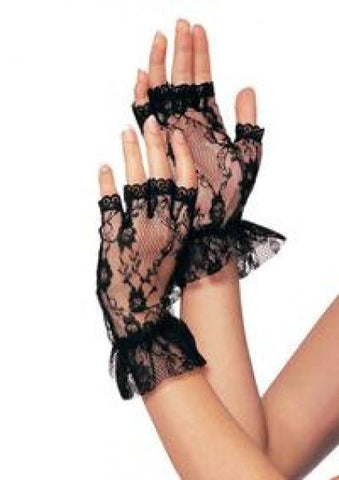 Black - Lace Fingerless Wrist Gloves - One Size