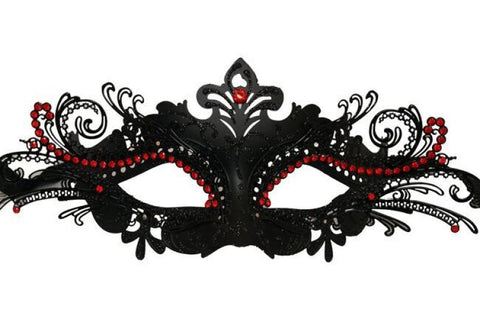 Venetian Metal Mask - Black with Red Crystals