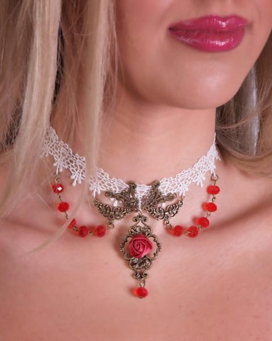 Victorian Choker with Red Rose and Beaded Chains - White