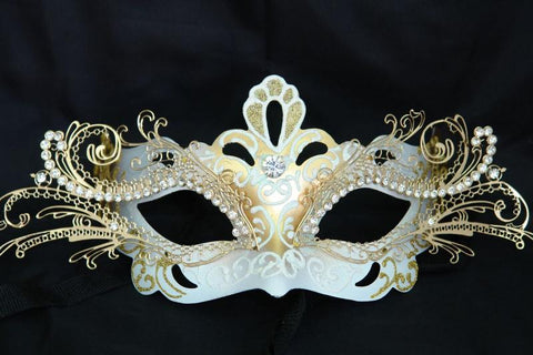 Venetian Mask - Gold & White with Silver Crystals