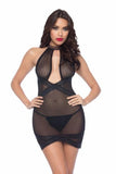 Black - Collared Babydoll with G-string - One Size