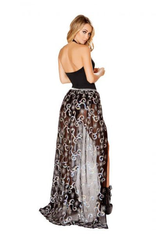 O/S - Long Sheer Sequin Skirt - Black/Silver