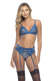 Blue - Bra Panty & Garter Belt with Satin Details -