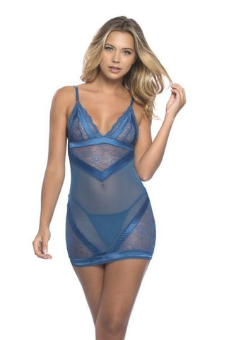 Blue - Babydoll with Satin Panels & G-String -