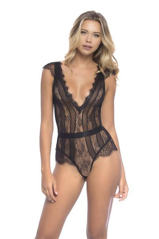 Black - Striped Panel Plunge Neck Teddy -