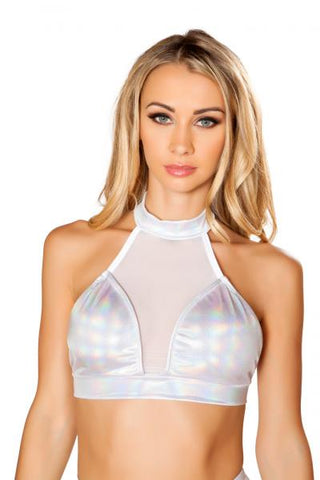 White - Cropped Top with V Mock Sheer Neck -