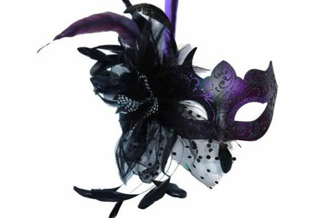 Venetian Mask with Feather Flower Aside - Purple