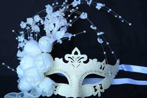 Wedding Masquerade Mask with Flowers Aside Rhinestone Eyes - White