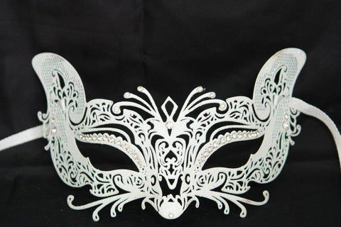 Fox Metal Venetian Mask with Diamonds - White