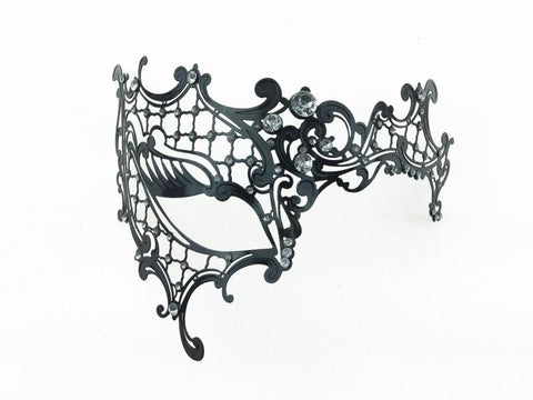 Laser-Cut Metal Half Face Mask with Diamonds - Black