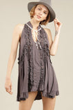 Lace Paneled Ruffle Swing Top - Charcoal