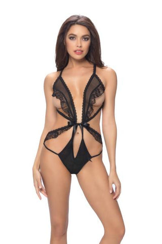 Black - Crotchless Tie Front Teddy - O/S