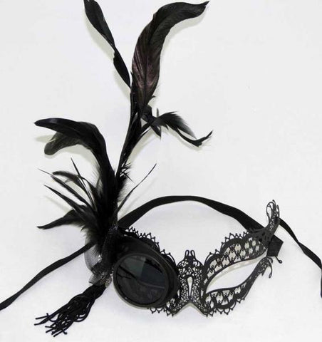 Vanessa Goggle Mask with Feather Aside - Black