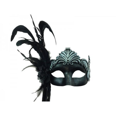 Venetian Mask with Feathers Aside - Black/Silver