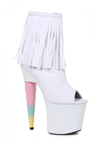 White - 7" Unicorn Fringe Bootie Platform - Size