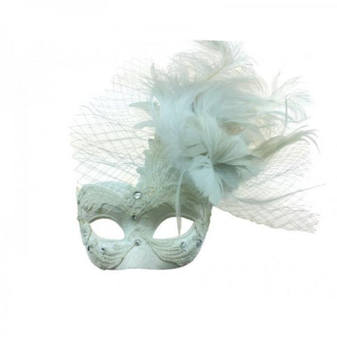 White - Lace Mask with Feather Aside